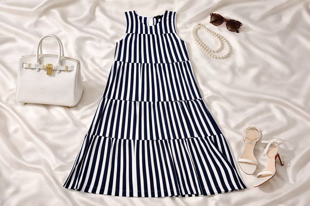 J.CREW Navy White Striped Sleeveless Tiered Midi Sundress 100% Cotton M